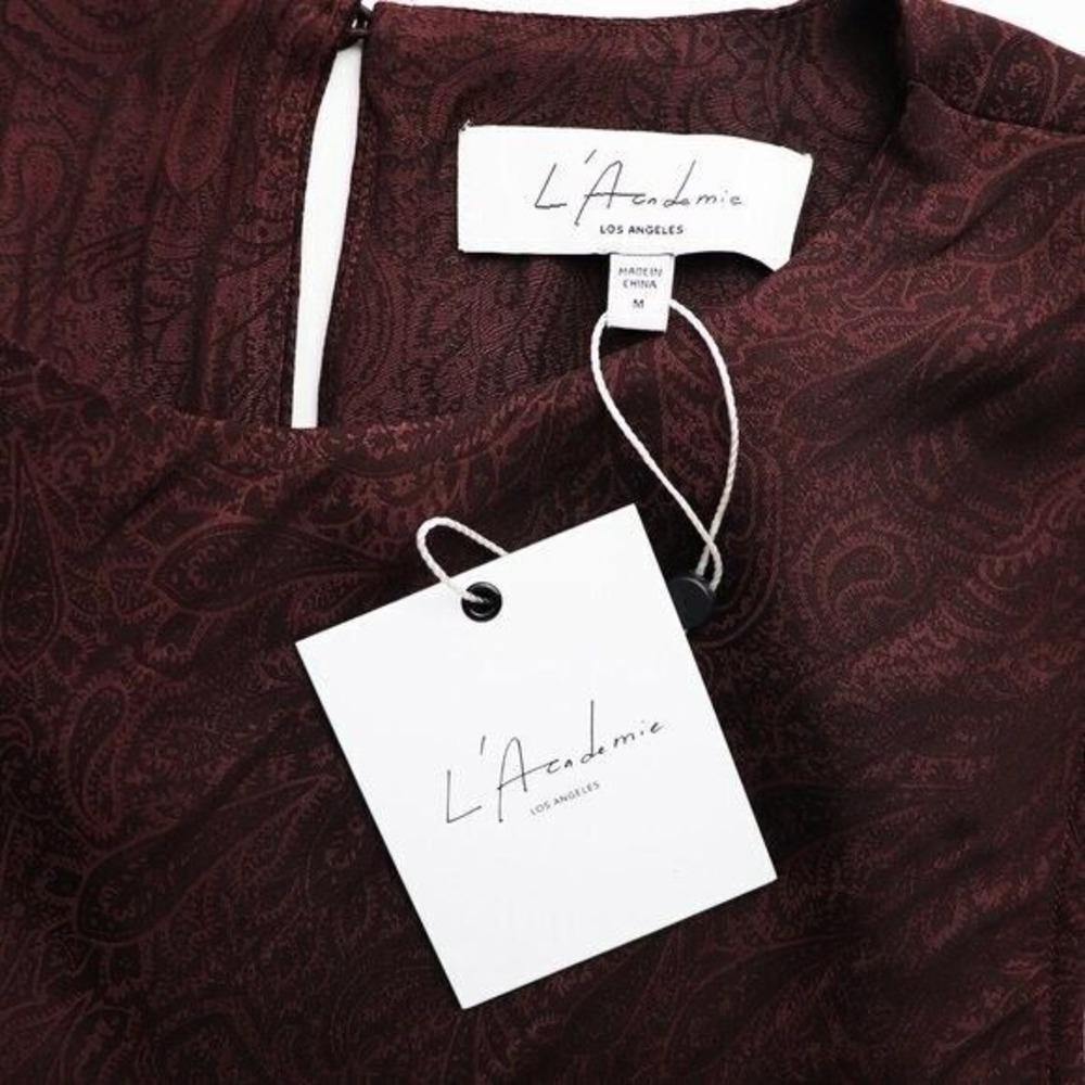 NWT L'Academie The Grazielle Mini Dress Burgundy Medium Paisley Satin Draped - Picture 4 of 7